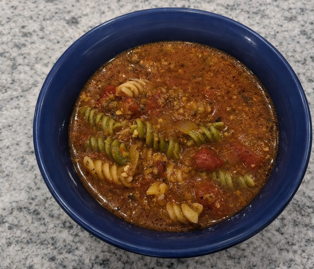 Lasagna soup made with Italian sausage, fresh onions, garlic, and fire roasted tomatoes.