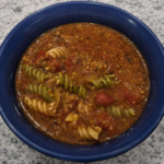 Lasagna soup made with Italian sausage, fresh onions, garlic, and fire roasted tomatoes.