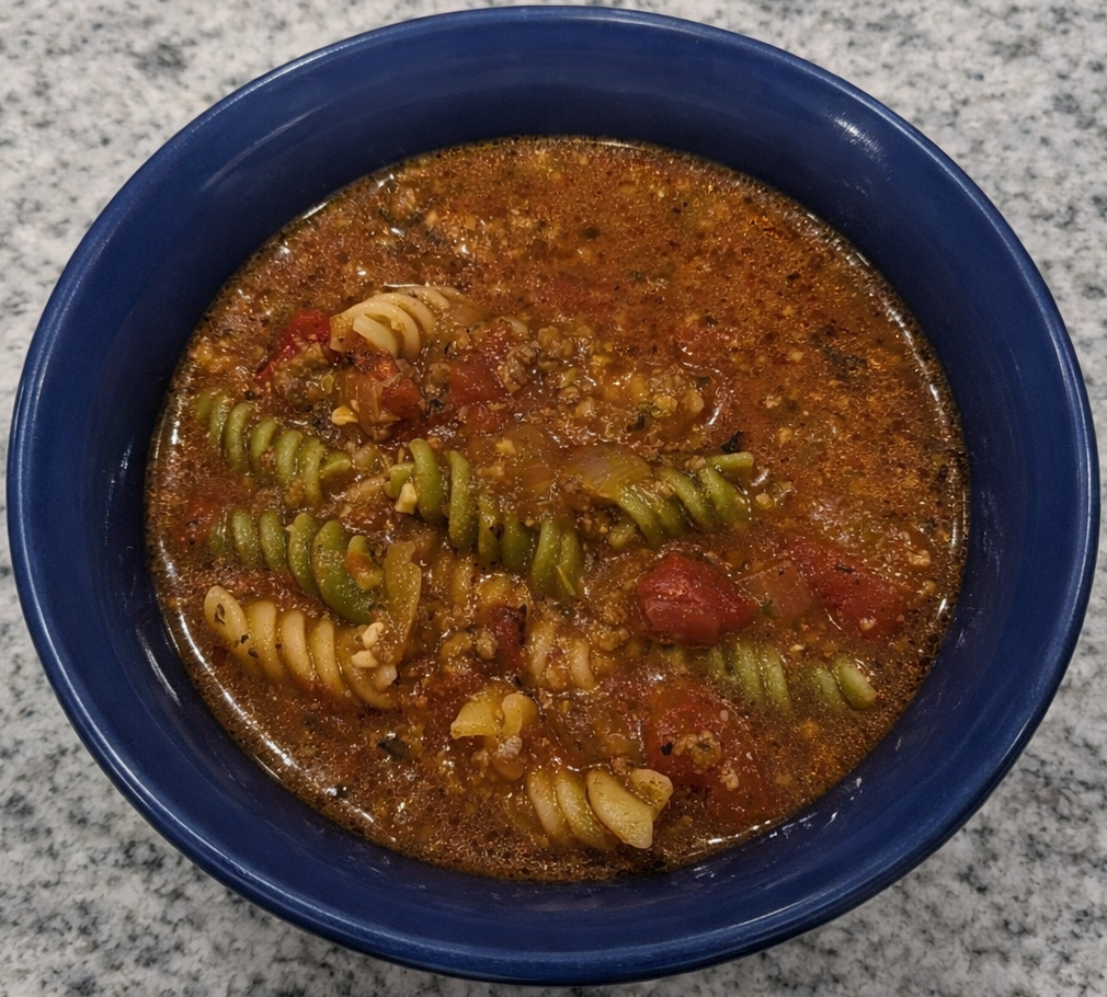 Lasagna soup made with Italian sausage, fresh onions, garlic, and fire roasted tomatoes.