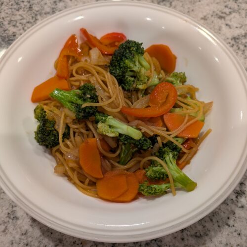 Yummy sautéed vegetables mixed with angel hair pasta, your favorite vegetables and sauce.