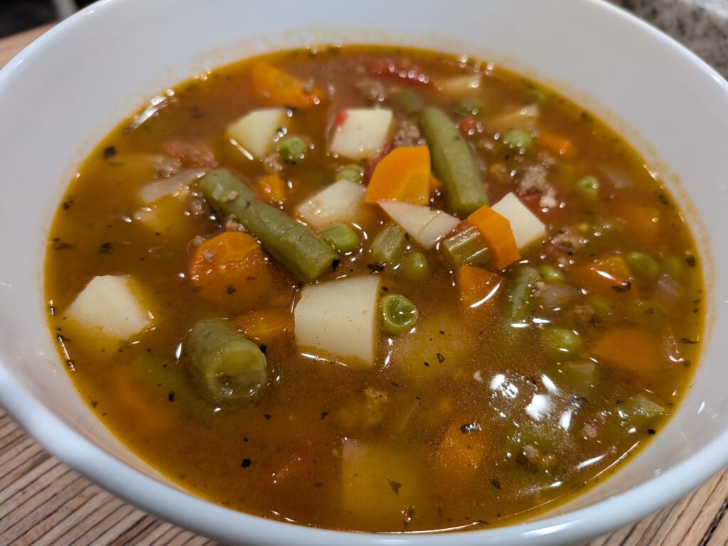Hamburger soup, full of delicious vegetables in a savory broth.