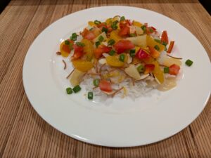 Hawaiian haystacks with homemade chicken gravy over rice and assorted toppings