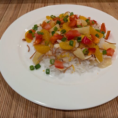 Hawaiian haystacks with homemade chicken gravy over rice and assorted toppings