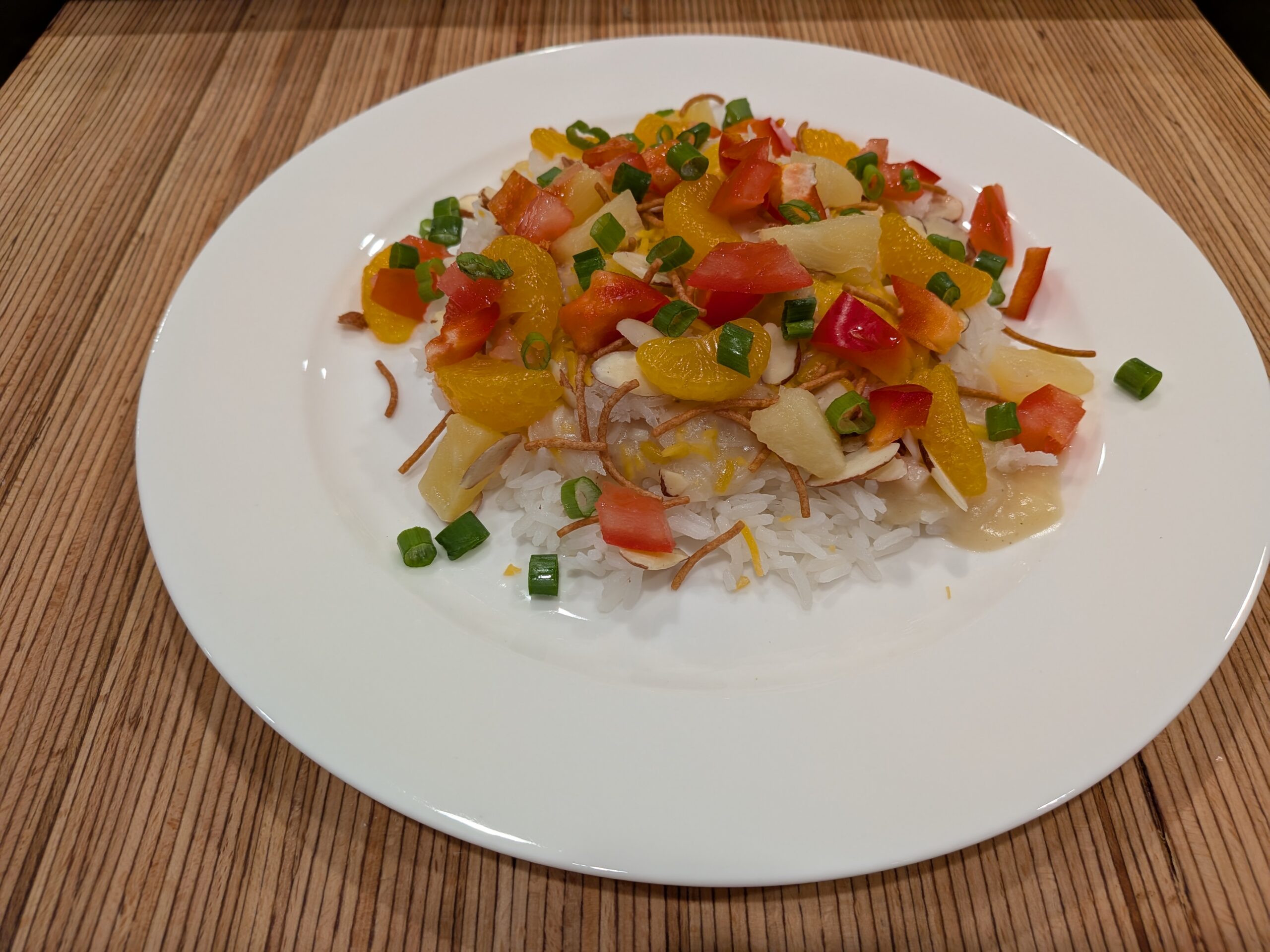 Hawaiian haystacks with homemade chicken gravy over rice and assorted toppings