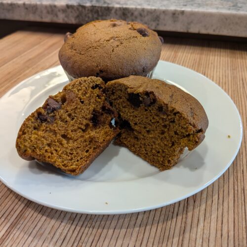 Soft homemade pumpkin chocolate chip muffins filled with chocolate chips